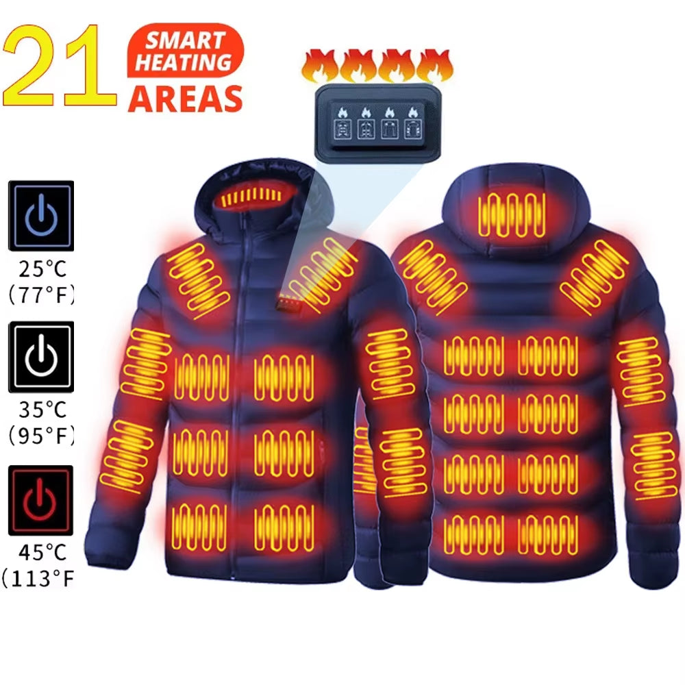 21-Zone USB Electric Heated Down Jacket for Men and Women - Thermal Self-Heating Winter Coat for Hiking, Camping, and Skiing