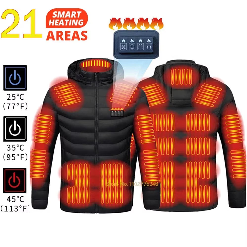 21-Zone USB Electric Heated Down Jacket for Men and Women - Thermal Self-Heating Winter Coat for Hiking, Camping, and Skiing