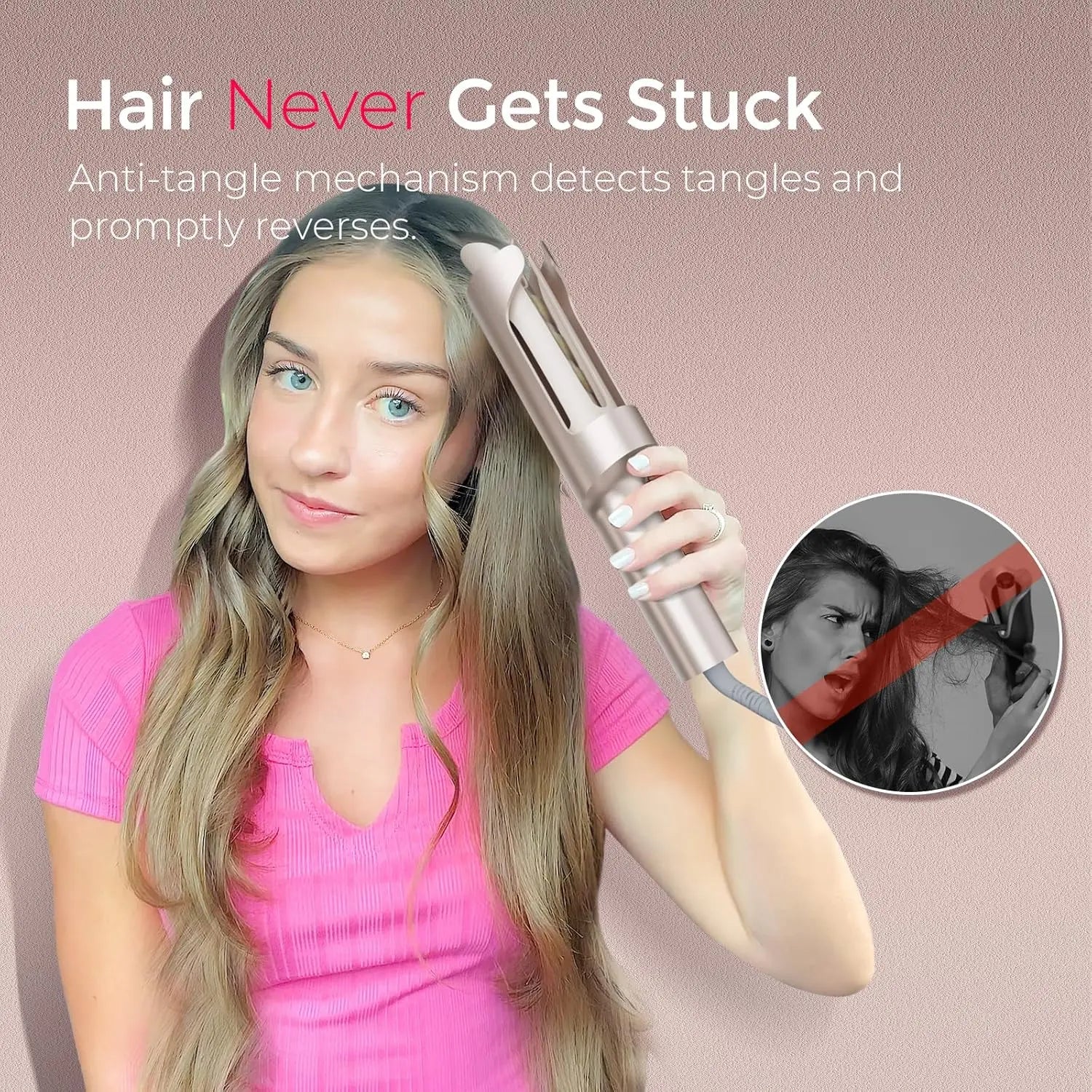 Automatic Rotating Curling Iron for Long Hair, Upgraded Long Barrel Curling Wand, Anti-Scald, Tangle-Free, Dual Voltage, 1 Inch,