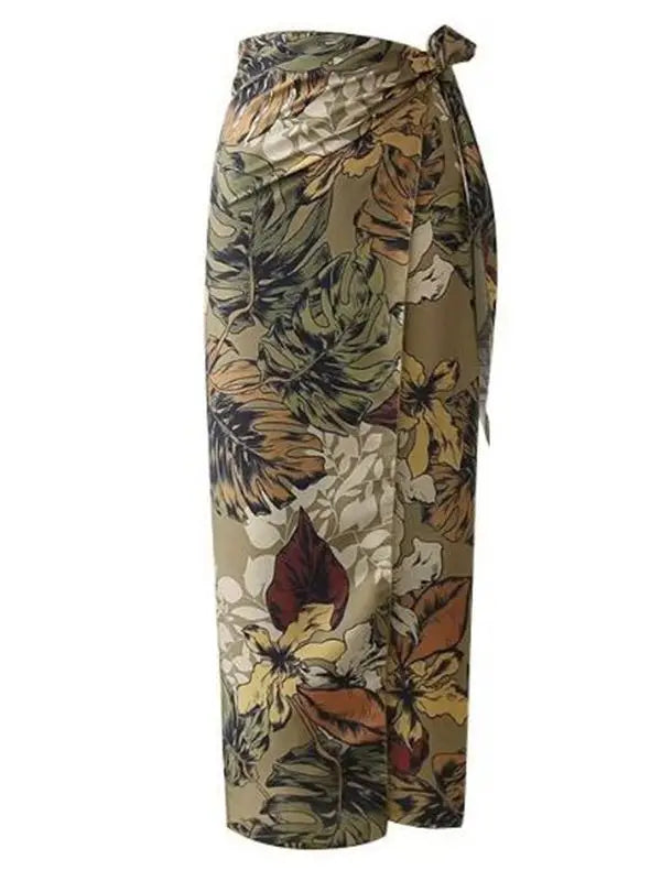 Sexy Flower Leaves Print Bow Tie Sashes Wrap Skirt Vintage Women High Waist Slim Fit Mid-Calf Long Pencil Skirts Holiday