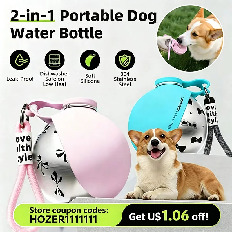 2-in-1 Portable Dog Water Bottle Stainless Steel&Silicon Leak-Proof Compact Dog Travel Water Bottle for Small Dogs